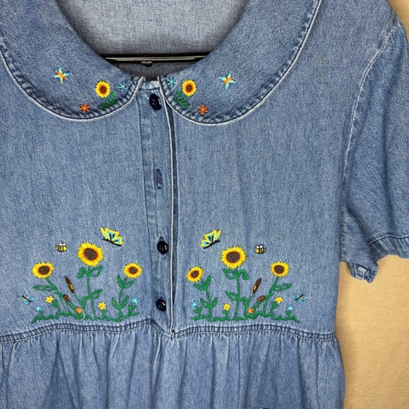 Bobbie Brooks Vintage Denim Maxi Dress Sunflower Embroidered GrandmaCore Medium - Picture 7 of 8